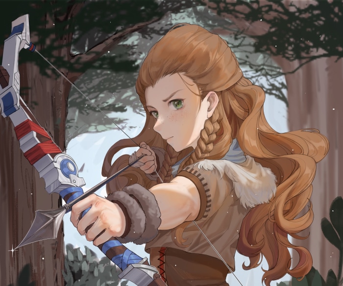 Aloy from Horizon Zero Dawn with a bow