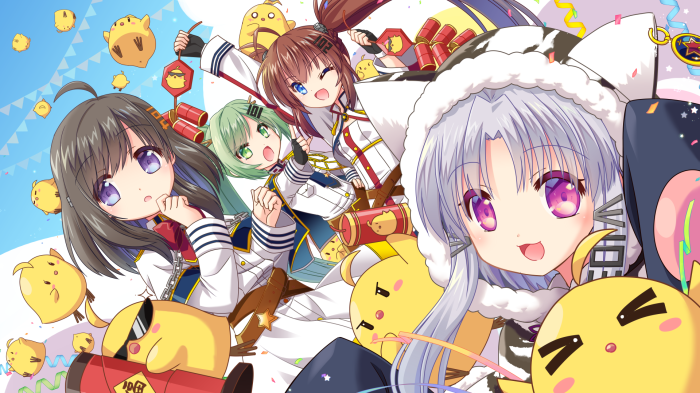 Azur Lane characters with chick-like creatures and firecrackers
