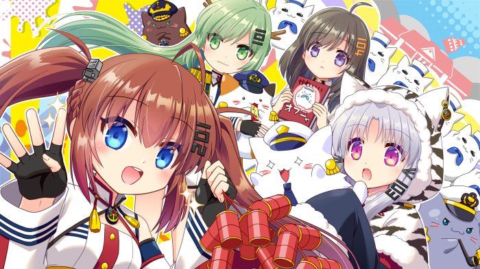 Azur Lane characters with cats and fireworks