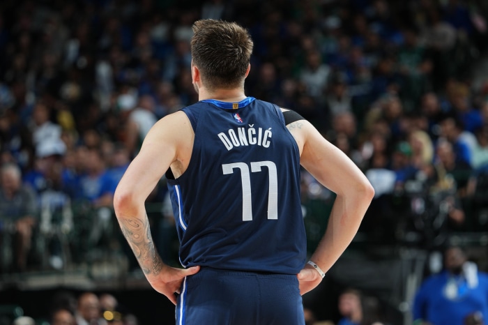 Luka Dončić wearing a Dallas Mavericks jersey