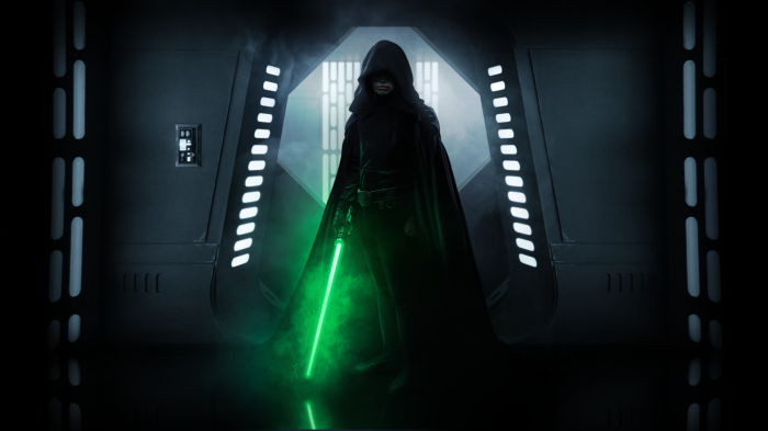 Luke Skywalker with green lightsaber in Star Wars corridor