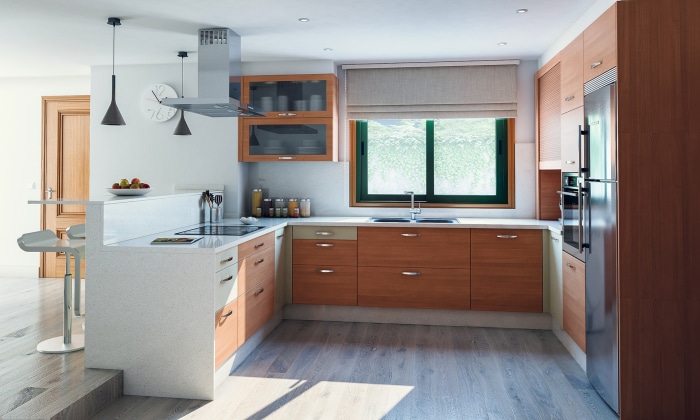 Modern wooden kitchen with island and stainless steel appliances