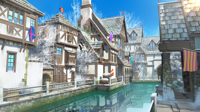 Winter Village Canal with Flags 4K