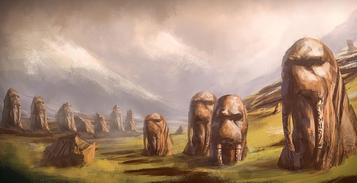 Stone statues in a grassy field
