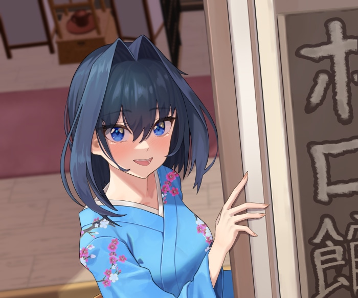 Ouro Kronii from Hololive in a blue kimono