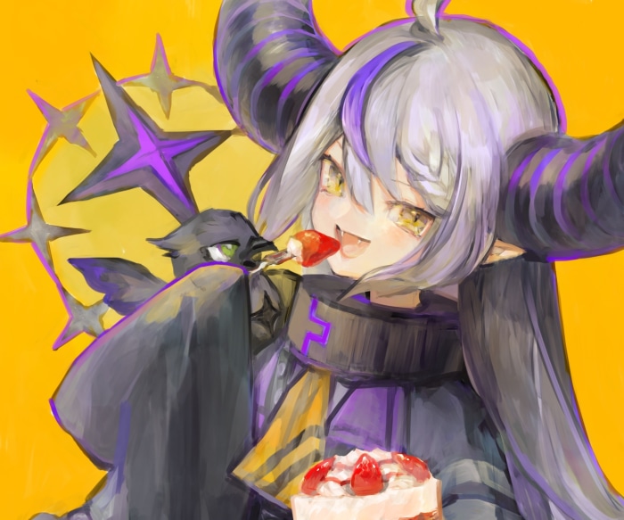 La+ Darknesss from Hololive eating a strawberry cake