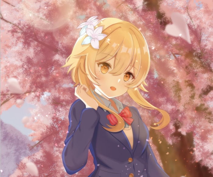 Lumine from Genshin Impact with cherry blossoms