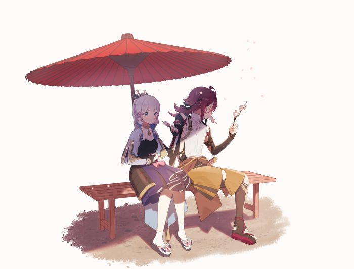Kamisato Ayaka and Shikanoin Heizou from Genshin Impact under an umbrella