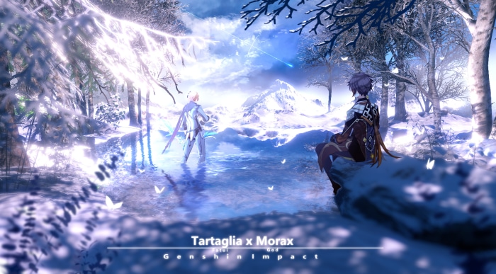 Tartaglia and Morax from Genshin Impact in winter