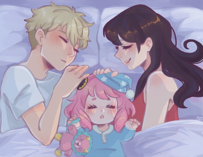 Anya, Loid, and Yor Forger from Spy X Family sleeping