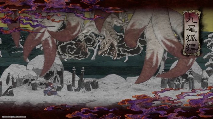 Nine-Tailed Fox with a warrior in a snowy landscape