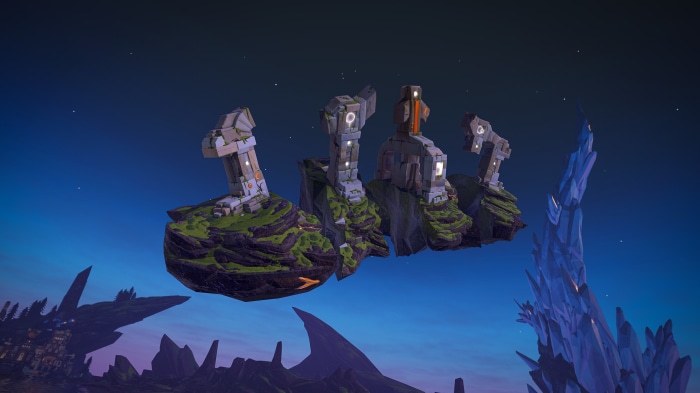 Floating islands with ancient structures at dusk