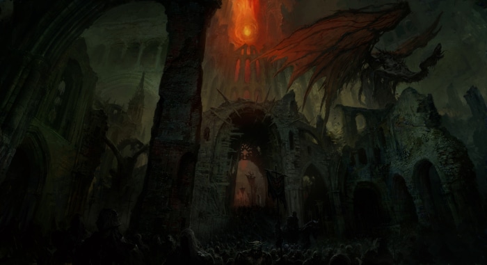 Dragon in ruined cathedral with fiery sky