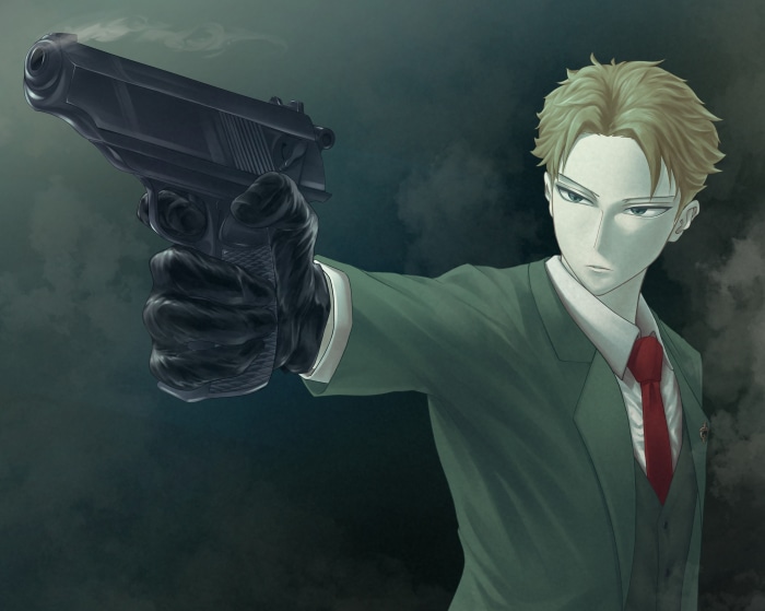 Loid Forger from Spy X Family holding a gun