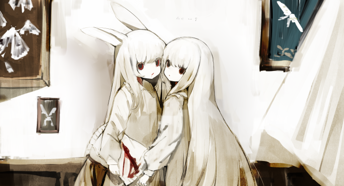 Two anime girls with bunny ears and red eyes