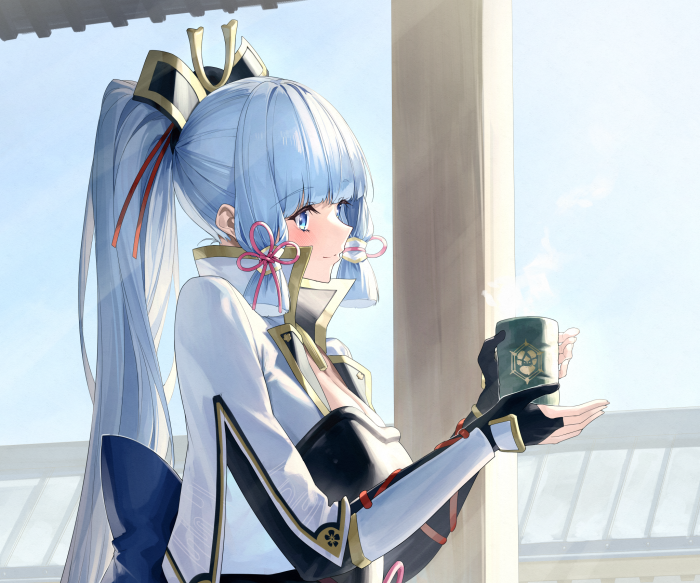 Kamisato Ayaka from Genshin Impact holding a cup