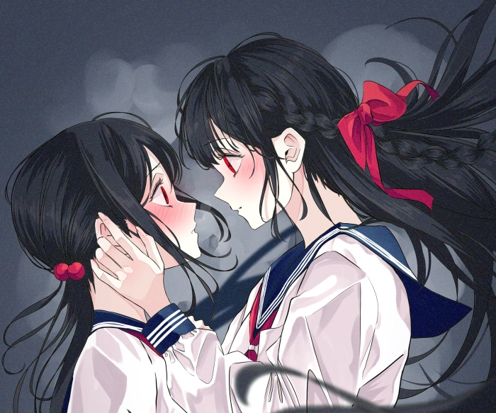 Two anime girls in school uniforms looking at each other