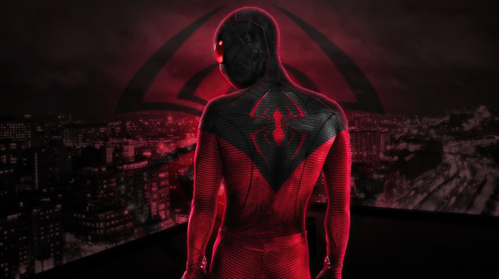 Spider-Man artwork with red and black suit overlooking city