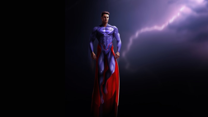 Superman in a purple suit with a red cape