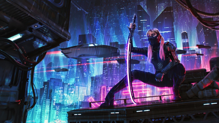 Cyberpunk warrior with sword in neon city