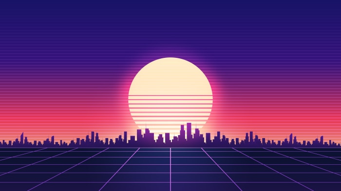 Retrowave cityscape with a large sun and grid floor