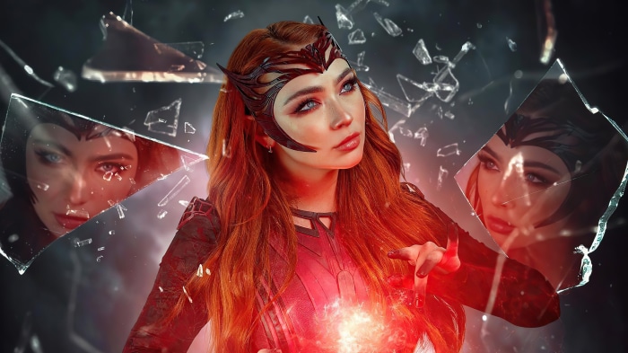 Scarlet Witch cosplay with broken mirror effect