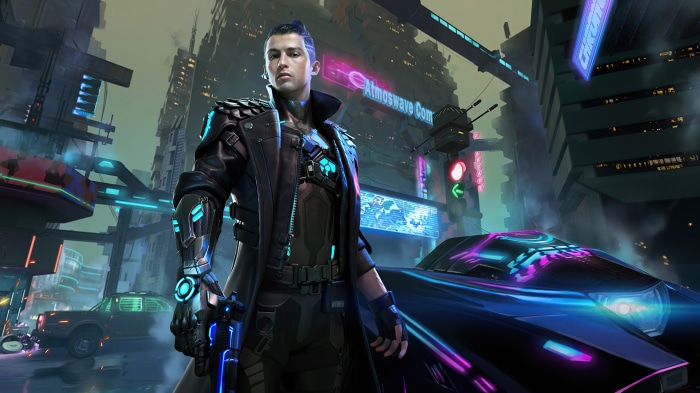 Cristiano Ronaldo from Garena Free Fire in a futuristic city