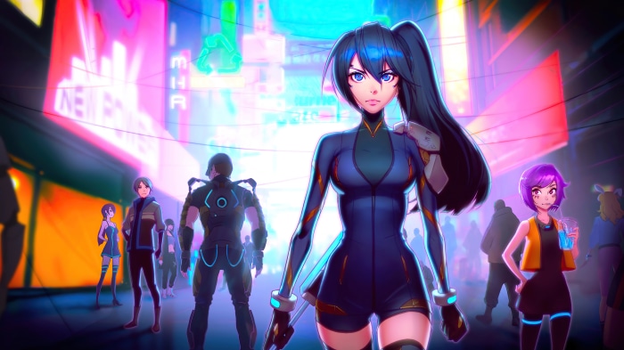 Anime characters in a neon-lit city street