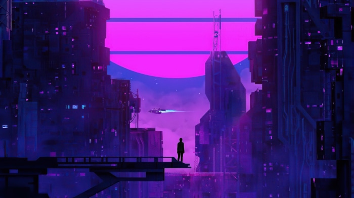 Cyberpunk city with a lone figure and spaceship