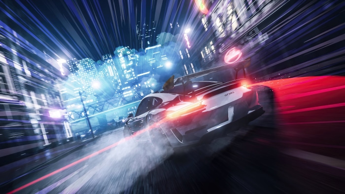 Need for Speed Porsche GT3 RS drifting in city at night
