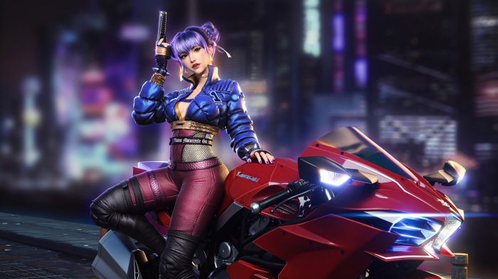 Cyberpunk woman with purple hair on a red motorcycle