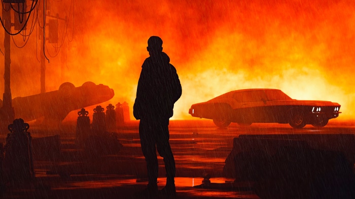 Man standing in rain with car and futuristic city