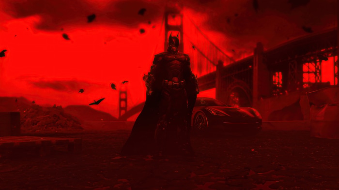 Batman in front of Golden Gate Bridge with a car