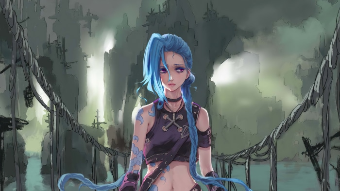 Jinx from League of Legends on a bridge