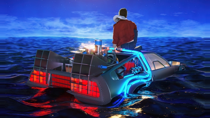 Artwork of a DeLorean time machine in the ocean