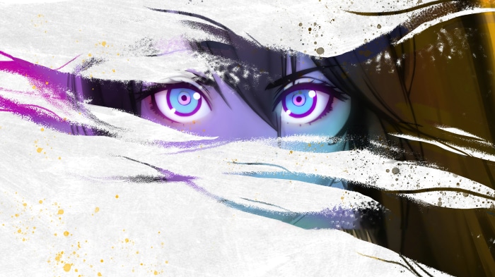 Anime eyes with purple and blue irises peeking through white and purple abstract shapes