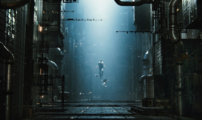 Man floating in a futuristic city