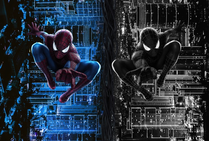 Spider-Man in Red and Black Suits with City Background