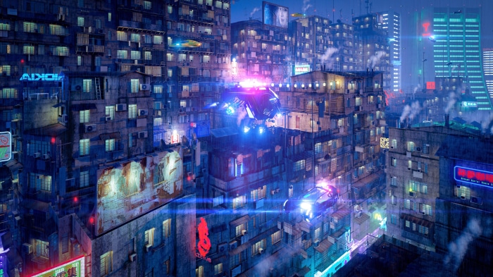 Cyberpunk city with flying vehicles and neon lights