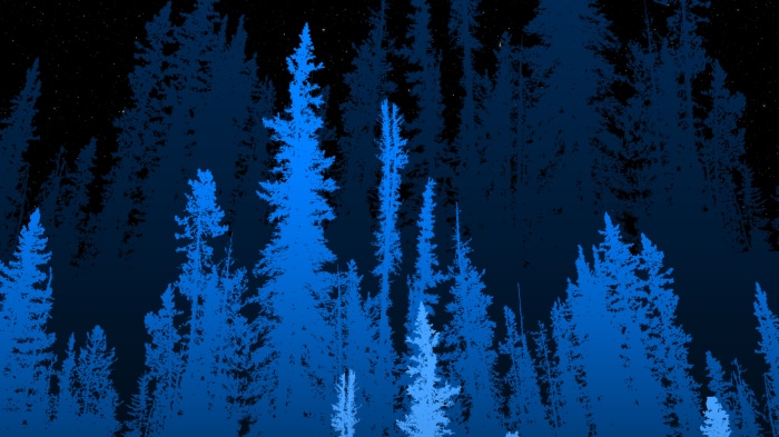 Digital art of a dark forest with blue trees