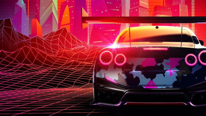Nissan GTR in retro futuristic cityscape