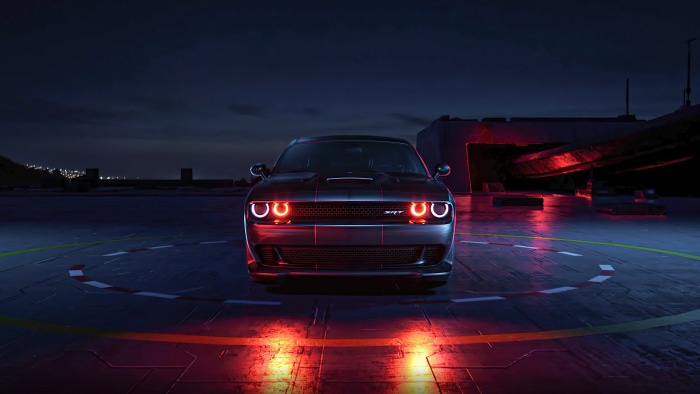 Dodge Challenger SRT Hellcat on helipad at night