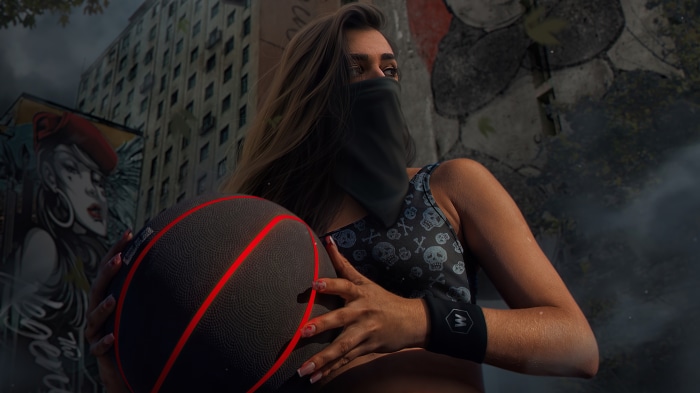 Girl with basketball and graffiti