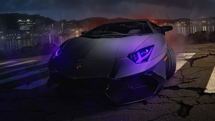 Matte black Lamborghini Aventador with purple headlights