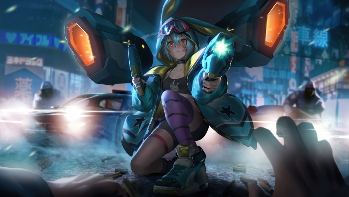 Girl with guns and jetpack in a city