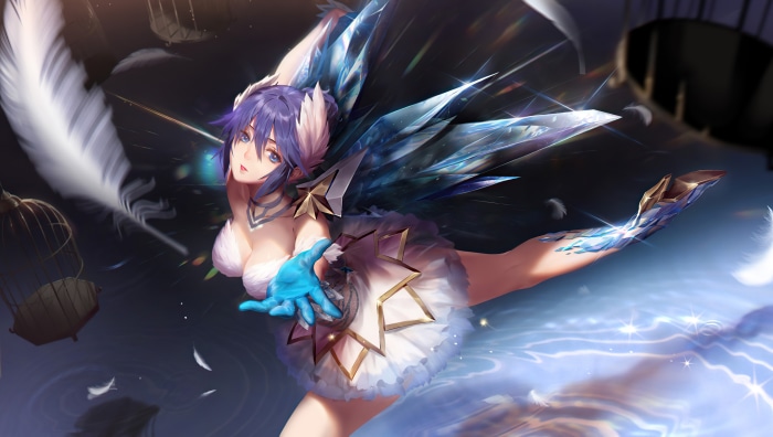 A woman with blue hair and crystal wings