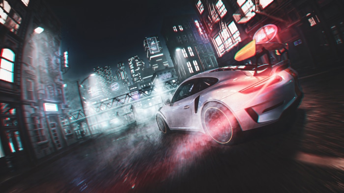 Need for Speed drifting car in a futuristic city