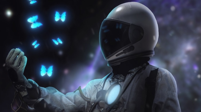 Astronaut with glowing blue butterflies in space