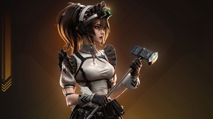Maid warrior with goggles and hammer