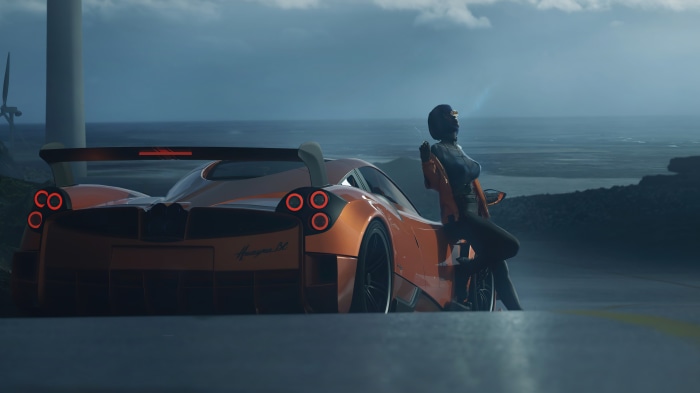 Digital art of a person in racing gear with a car
